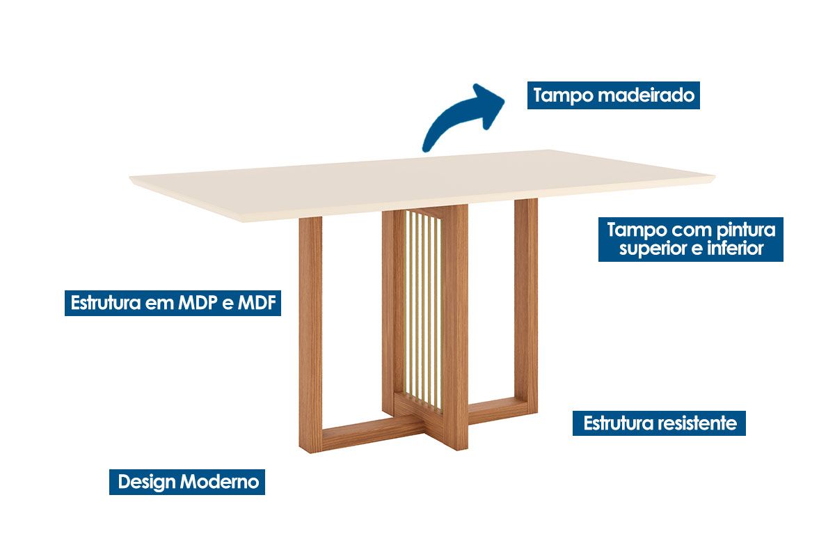 Sala de Jantar Completa Natalí c/ Tampo Madeirado Reto s/ Vidro 160x90cm e 6 Cadeiras Milla - Henn