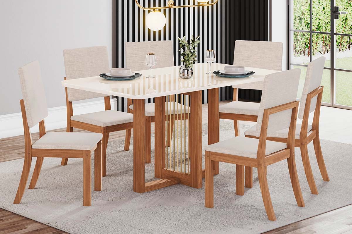 Sala de Jantar Completa Natalí c/ Tampo Madeirado c/ Vidro Curvo 160x90cm e 6 Cadeiras Milla - Henn
