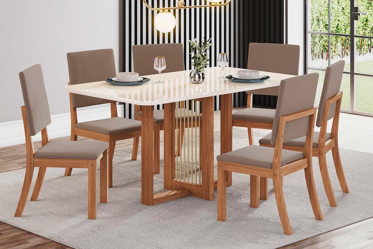 Sala de Jantar Completa Natalí c/ Tampo Madeirado c/ Vidro Curvo 160x90cm e 6 Cadeiras Milla - Henn