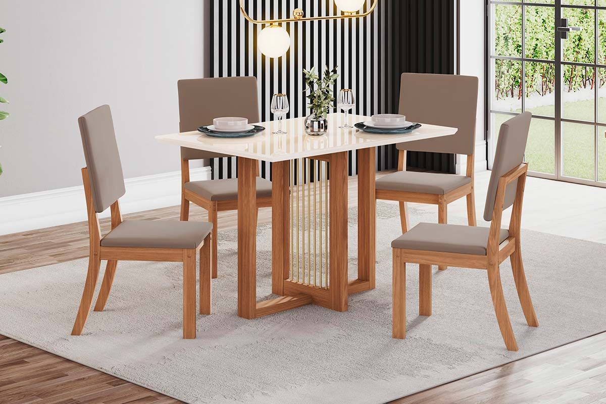 Sala de Jantar Completa Natalí c/ Tampo Madeirado c/ Vidro Reto 120x80cm e 4 Cadeiras Milla - Henn