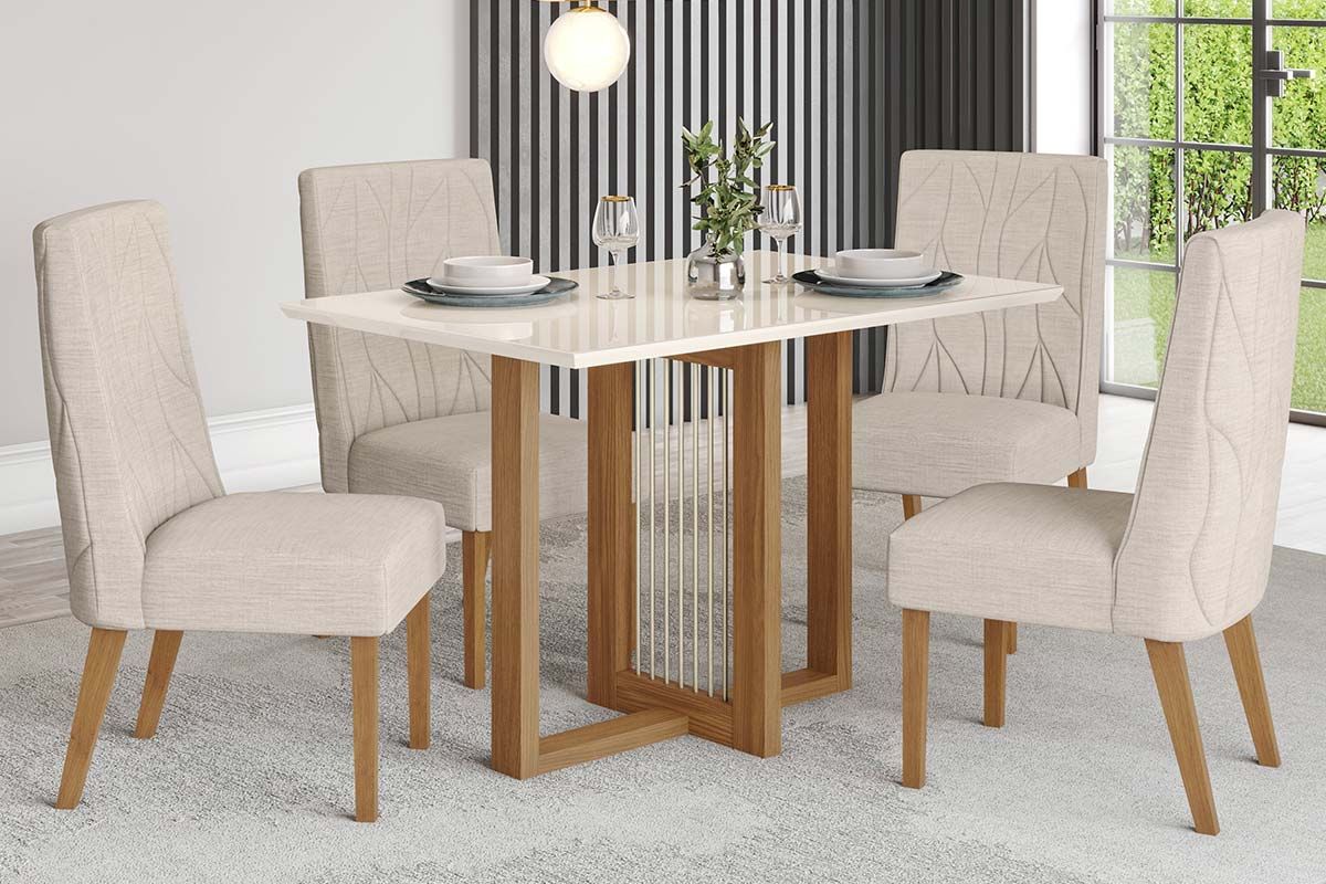 Sala de Jantar Completa Natalí c/ Tampo Madeirado c/ Vidro Reto 120x80cm e 4 Cadeiras Eloa - Henn