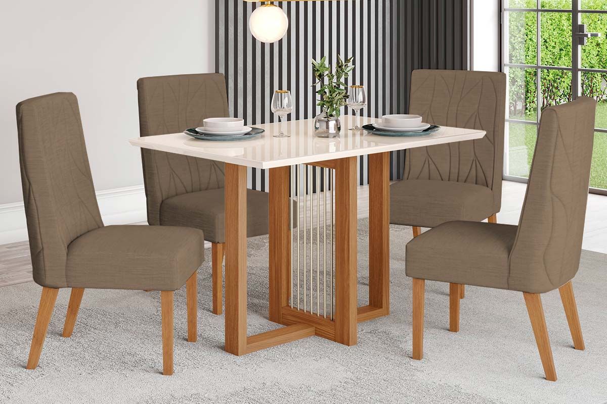 Sala de Jantar Completa Natalí c/ Tampo Madeirado c/ Vidro Reto 120x80cm e 4 Cadeiras Eloa - Henn
