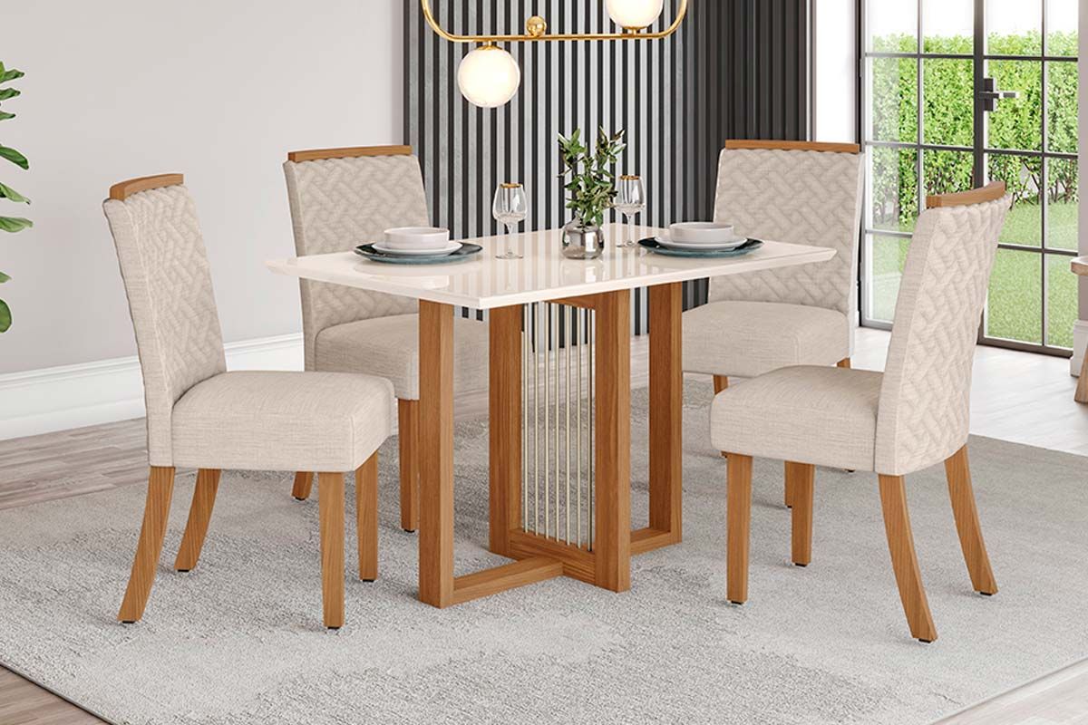 Sala de Jantar Completa Natalí c/ Tampo Madeirado c/ Vidro Reto 120x80cm e 4 Cadeiras Malu - Henn