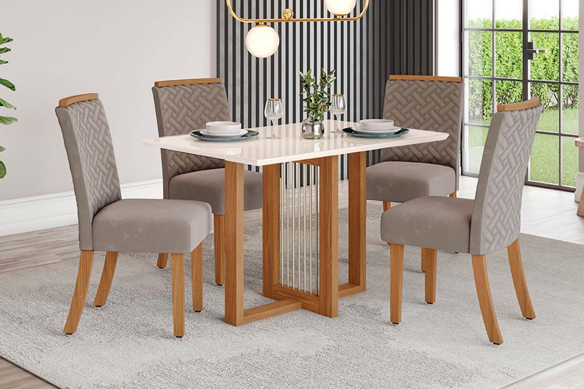 Sala de Jantar Completa Natalí c/ Tampo Madeirado c/ Vidro Reto 120x80cm e 4 Cadeiras Malu - Henn