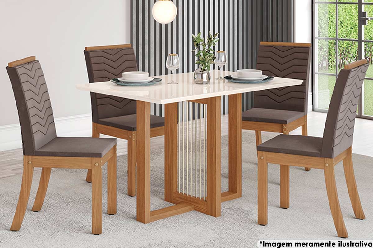 Sala de Jantar Completa Natalí c/ Tampo Madeirado c/ Vidro Reto 120x80cm e 4 Cadeiras Isa - Henn