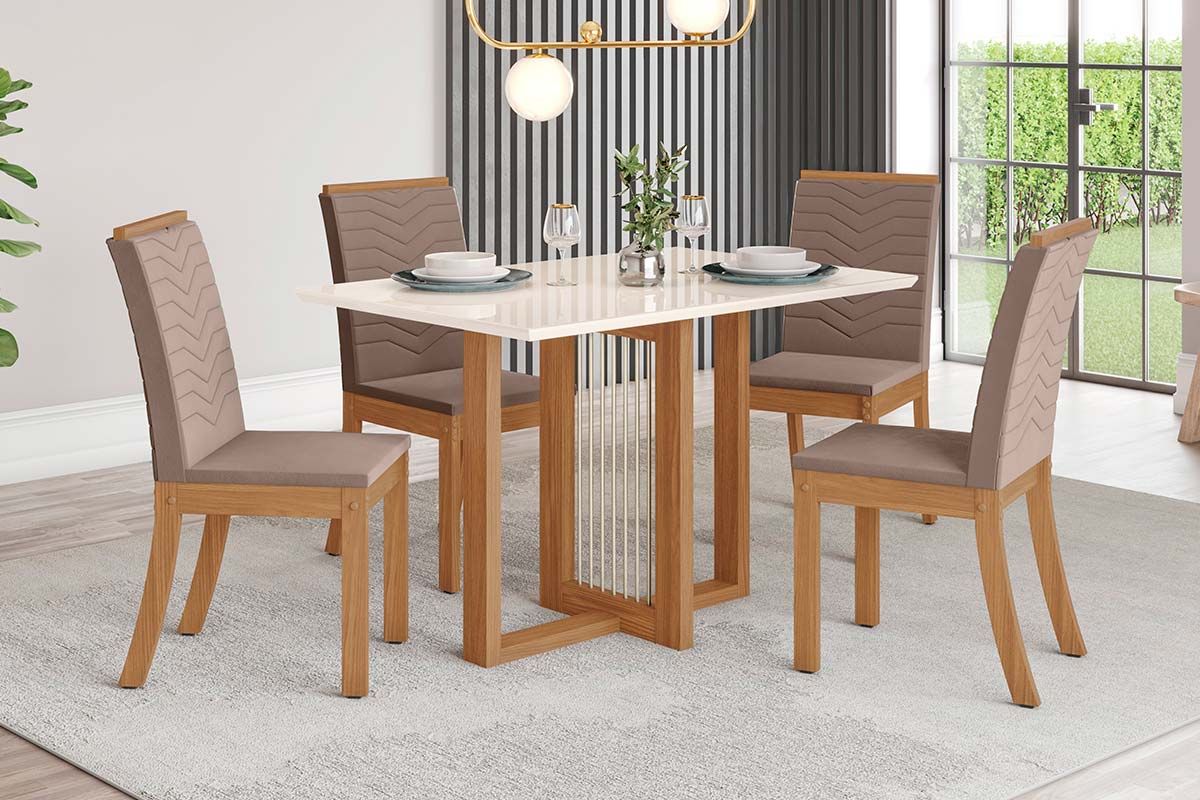 Sala de Jantar Completa Natalí c/ Tampo Madeirado c/ Vidro Reto 120x80cm e 4 Cadeiras Isa - Henn