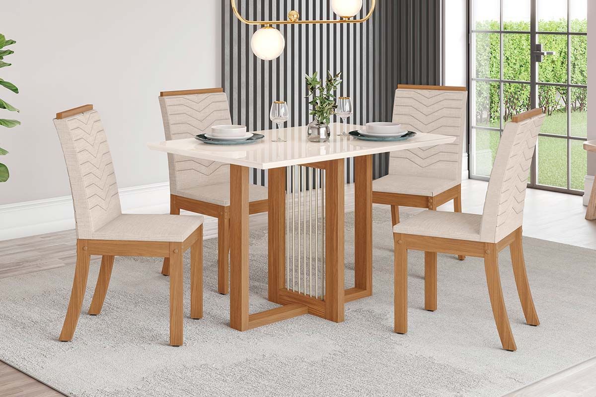 Sala de Jantar Completa Natalí c/ Tampo Madeirado c/ Vidro Reto 120x80cm e 4 Cadeiras Isa - Henn