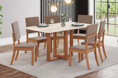 Sala de Jantar Completa Natalí c/ Tampo Madeirado c/ Vidro Curvo 160x80cm e 6 Cadeiras Milla - Henn
