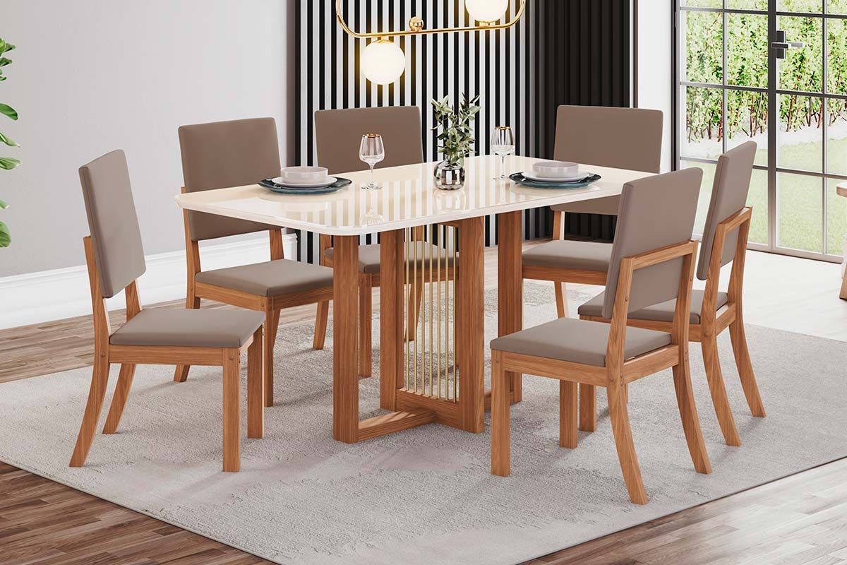 Sala de Jantar Completa Natalí c/ Tampo Madeirado c/ Vidro Curvo 160x80cm e 6 Cadeiras Milla - Henn