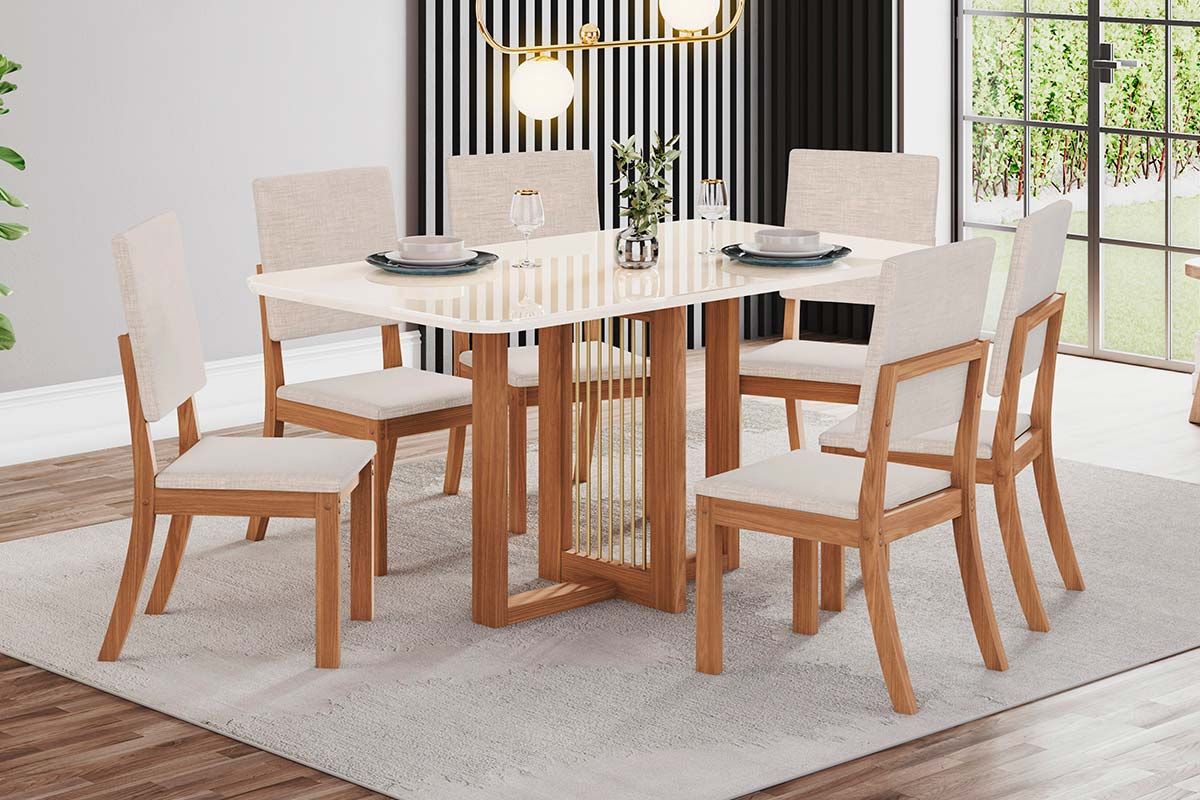 Sala de Jantar Completa Natalí c/ Tampo Madeirado c/ Vidro Curvo 160x80cm e 6 Cadeiras Milla - Henn