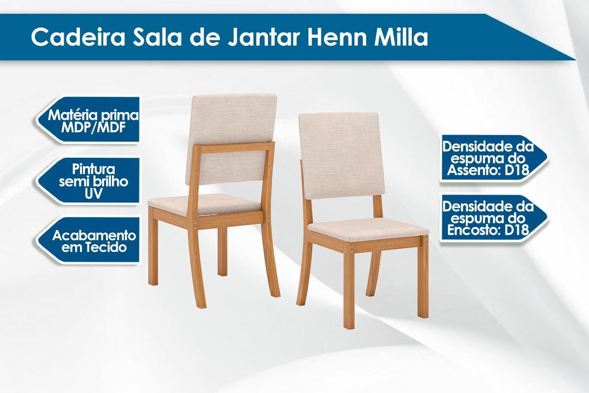 Sala de Jantar Completa Natalí c/ Tampo Madeirado c/ Vidro Curvo 120x80cm e 4 Cadeiras Milla - Henn