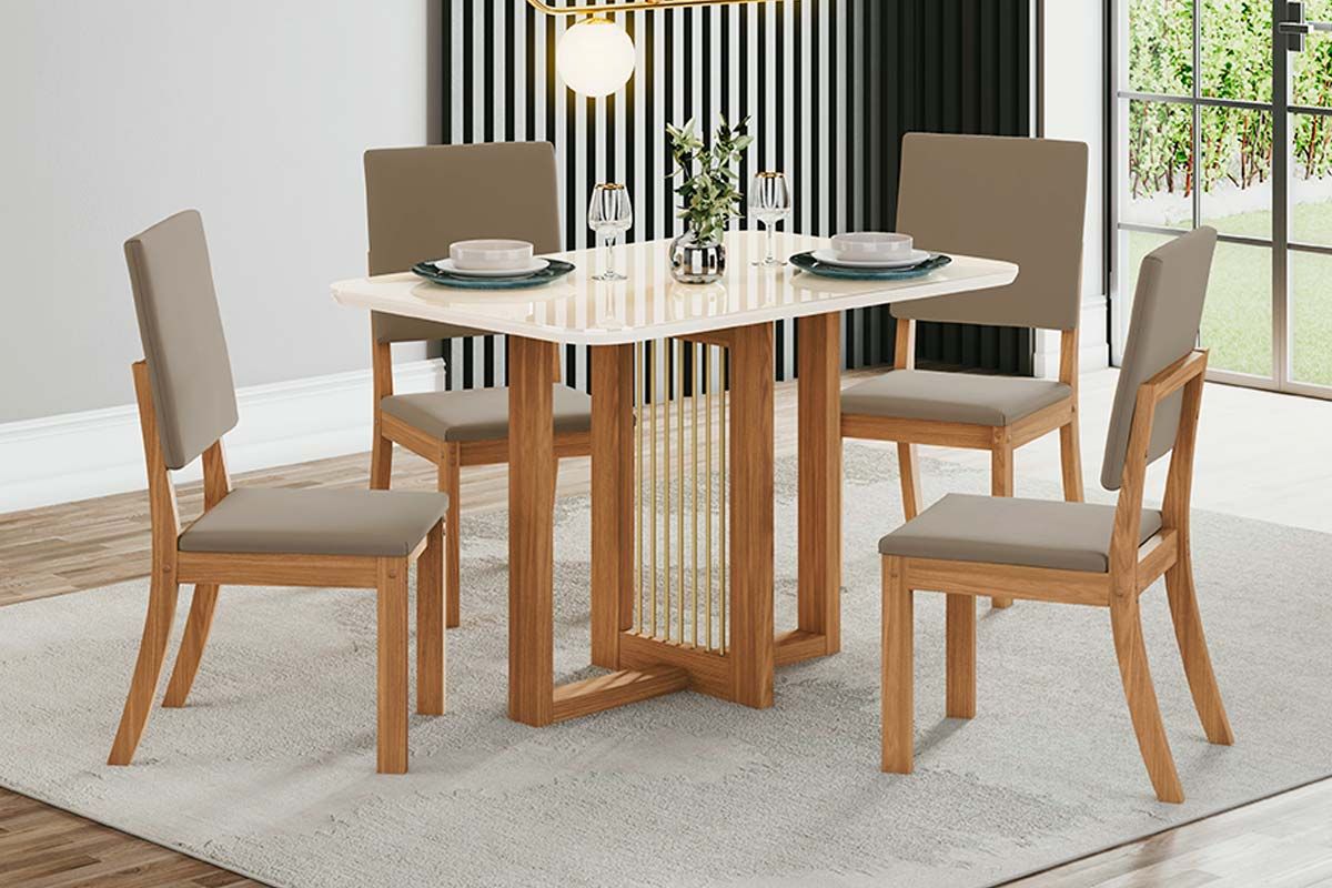 Sala de Jantar Completa Natalí c/ Tampo Madeirado c/ Vidro Curvo 120x80cm e 4 Cadeiras Milla - Henn