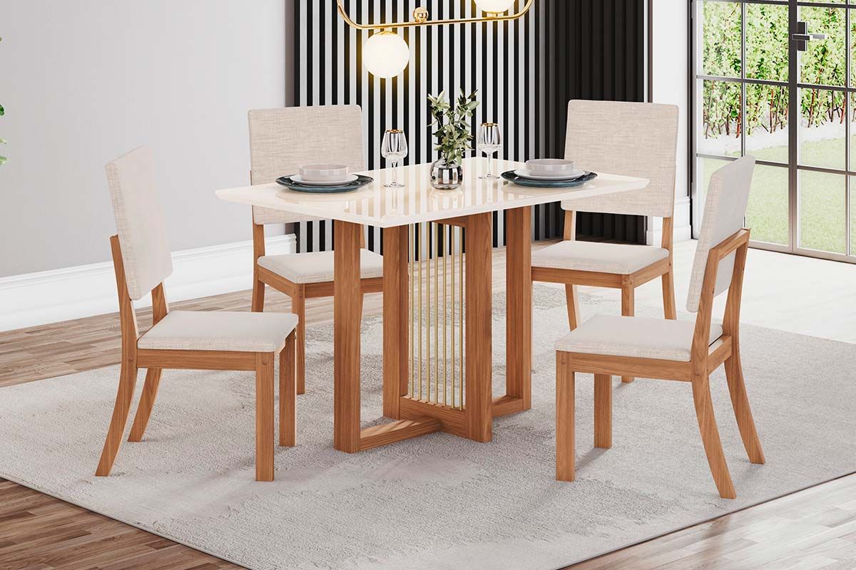 Sala de Jantar Completa Natalí c/ Tampo Madeirado c/ Vidro Reto 120x80cm e 4 Cadeiras Milla - Henn