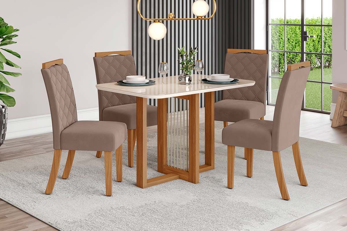 Sala de Jantar Completa Natalí c/ Tampo Madeirado c/ Vidro Curvo 120x80cm e 4 Cadeiras Bella - Henn