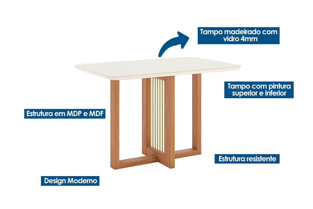 Sala de Jantar Completa Natalí c/ Tampo Madeirado c/ Vidro Curvo 120x80cm e 4 Cadeiras Bella - Henn