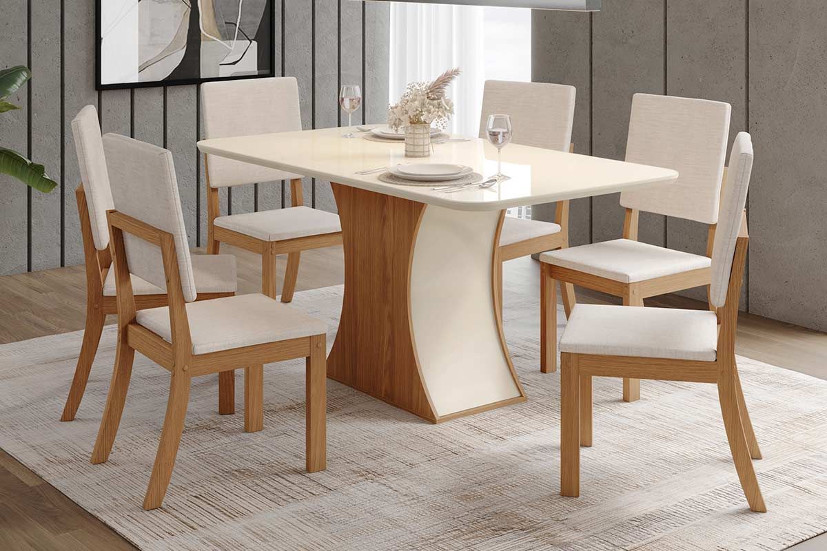 Sala de Jantar Completa Luiza c/ Tampo Curvo Madeirado c/ Vidro 160x80cm e 6 Cadeiras Milla - Henn