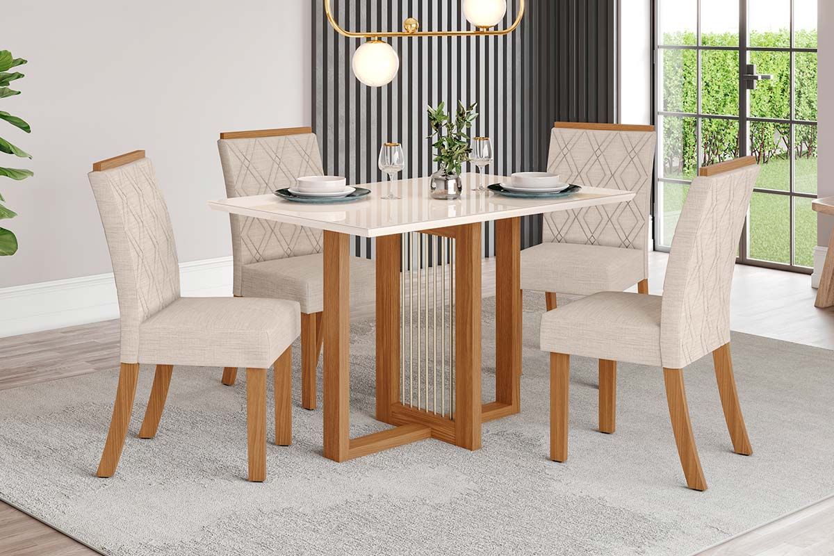 Sala de Jantar Completa Natalí c/ Tampo Madeirado c/ Vidro Reto 120x80cm e 4 Cadeiras Vita - Henn