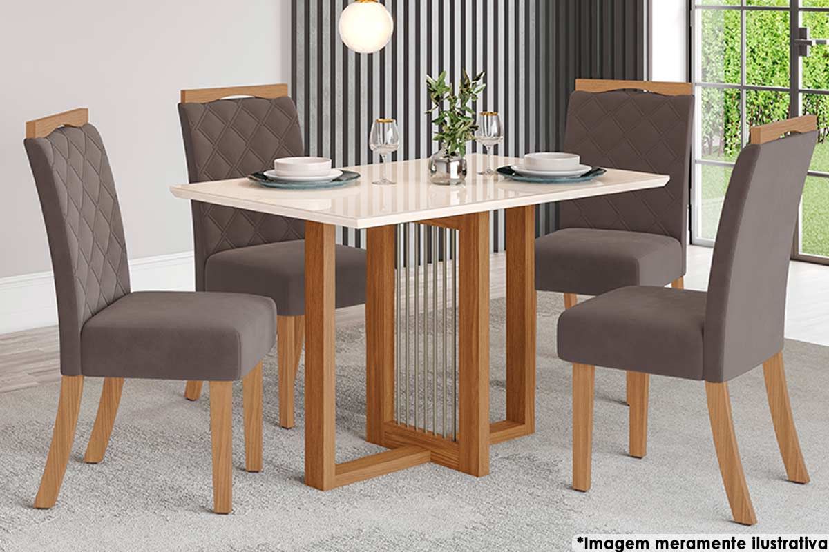 Sala de Jantar Completa Natalí c/ Tampo Madeirado c/ Vidro Reto 120x80cm e 4 Cadeiras Bella - Henn