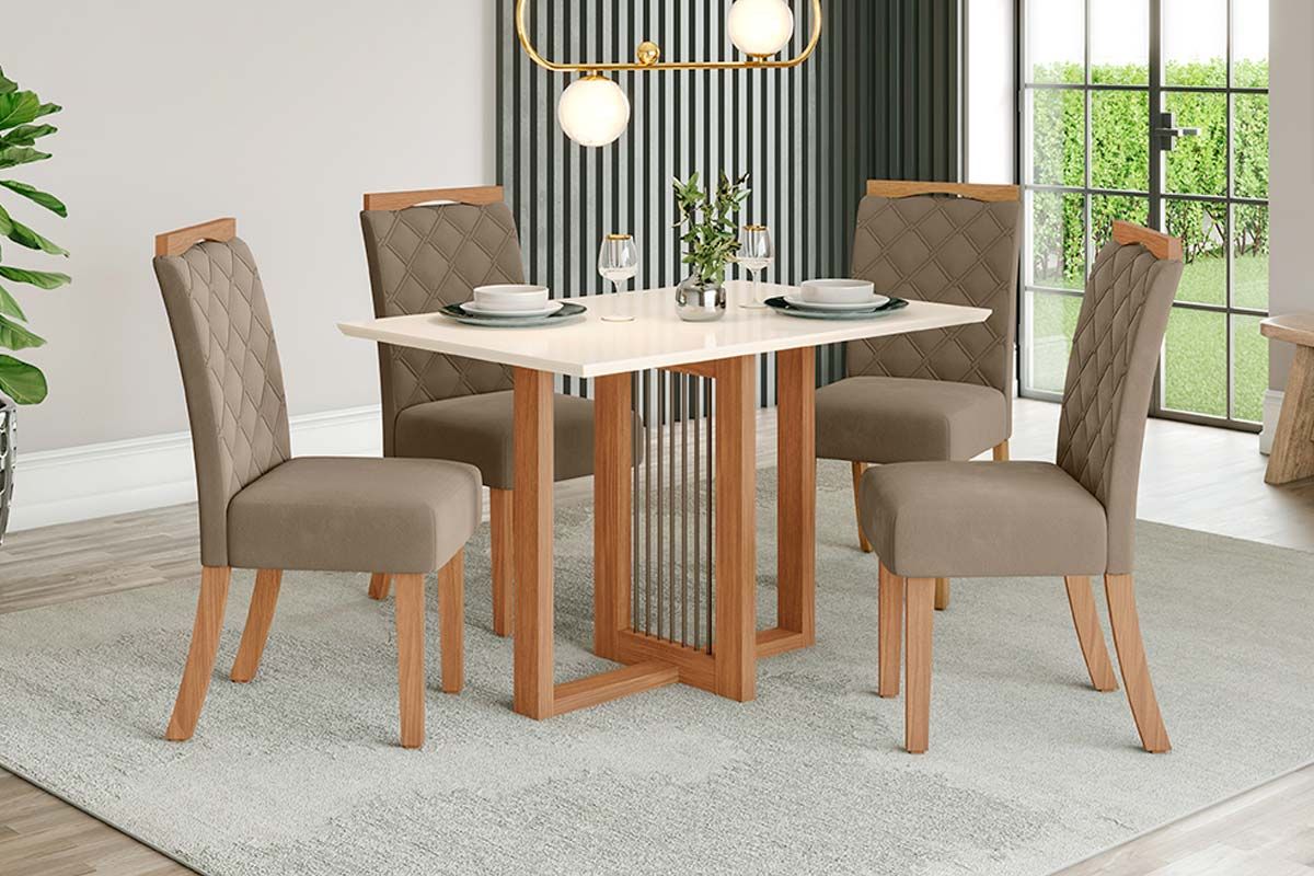 Sala de Jantar Completa Natalí c/ Tampo Madeirado c/ Vidro Reto 120x80cm e 4 Cadeiras Bella - Henn