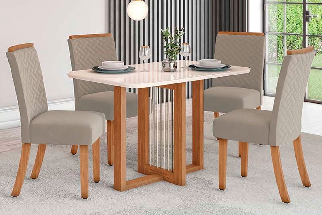 Sala de Jantar Completa Natalí c/ Tampo Madeirado c/ Vidro Curvo 120x80cm e 4 Cadeiras Malu - Henn