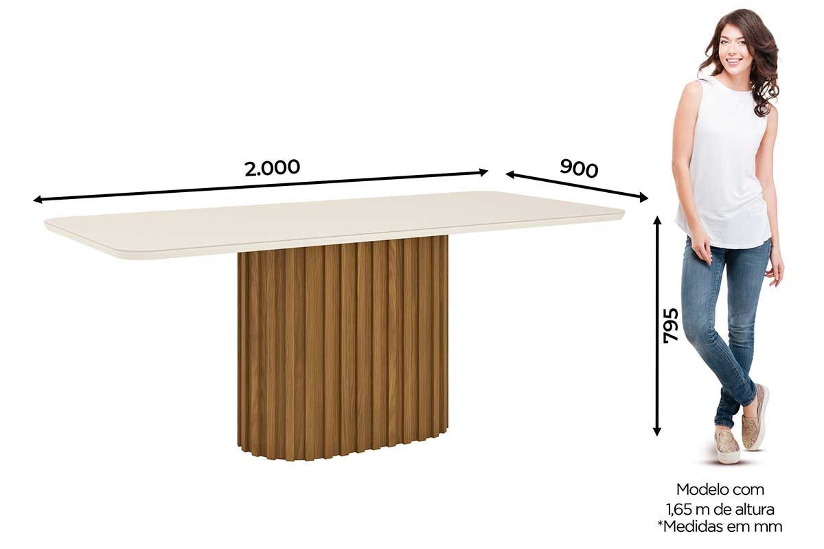 Sala de Jantar Completa Solana c/ Tampo Madeirado c/ Vidro Curvo 200x90cm e 8 Cadeiras Eloá - Henn