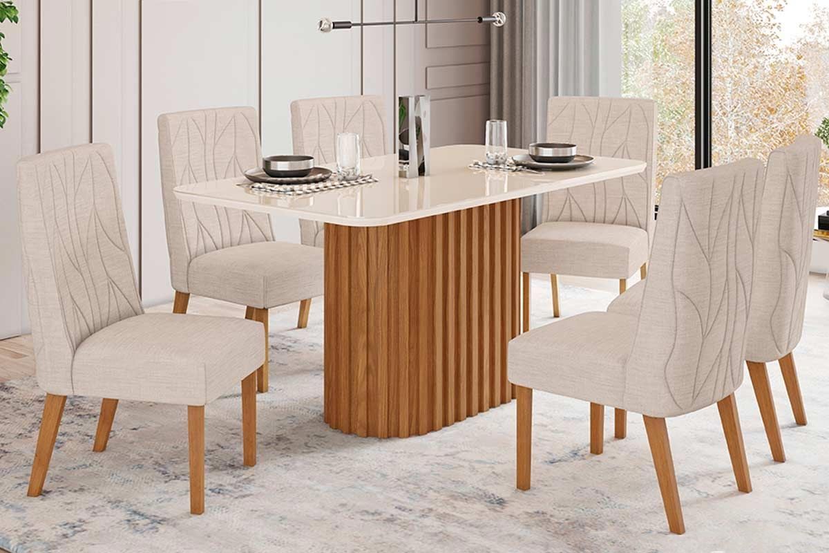 Sala de Jantar Completa Solana c/ Tampo Madeirado c/ Vidro Curvo 200x90cm e 8 Cadeiras Eloá - Henn