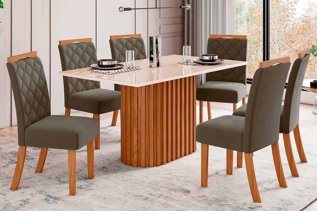 Sala de Jantar Completa Solana c/ Tampo Madeirado c/ Vidro Reto 160x90cm e 6 Cadeiras Bella - Henn