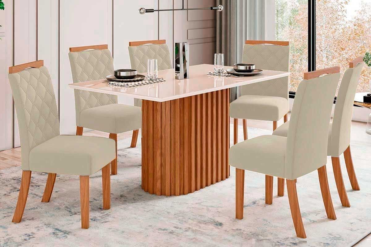 Sala de Jantar Completa Solana c/ Tampo Madeirado c/ Vidro Reto 160x90cm e 6 Cadeiras Bella - Henn