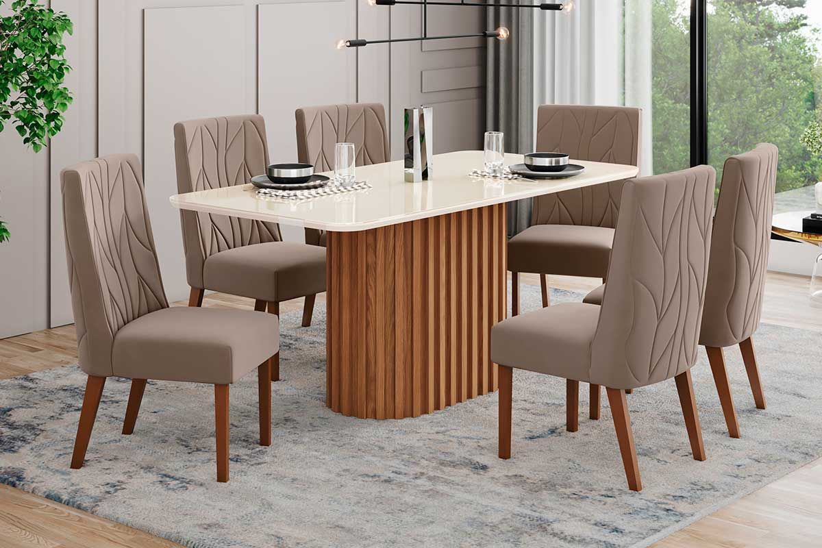 Sala de Jantar Completa Solana c/ Tampo Madeirado c/ Vidro Curvo 160x90cm e 6 Cadeiras Eloa - Henn