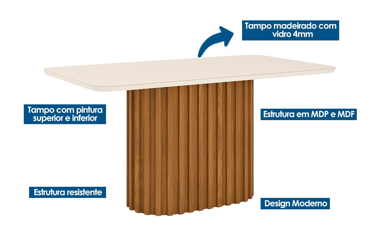 Sala de Jantar Completa Solana c/ Tampo Madeirado c/ Vidro Curvo 160x90cm e 6 Cadeiras Nina - Henn