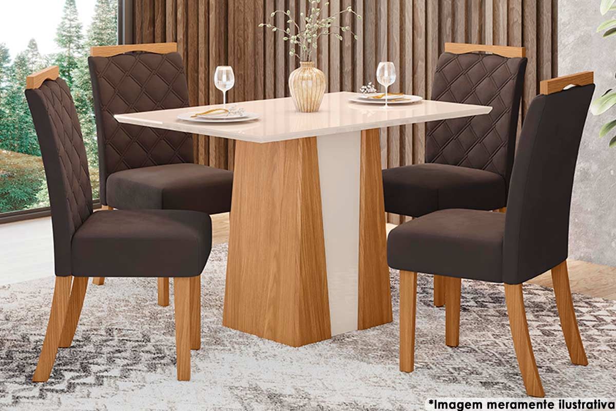 Sala de Jantar Completa Orus Tampo Madeirado c/ Vidro 120x80cm e 4 Cadeiras Bella - Henn