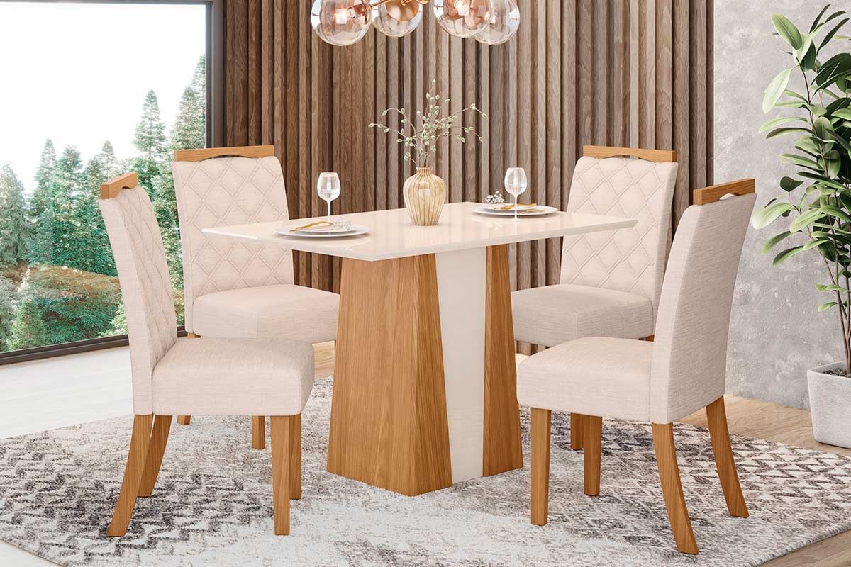 Sala de Jantar Completa Orus Tampo Madeirado c/ Vidro 120x80cm e 4 Cadeiras Bella - Henn