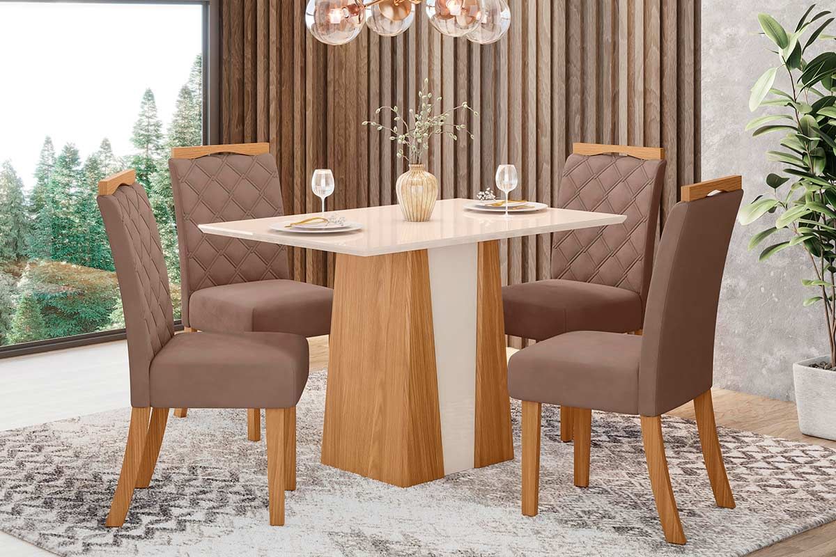 Sala de Jantar Completa Orus Tampo Madeirado c/ Vidro 120x80cm e 4 Cadeiras Bella - Henn