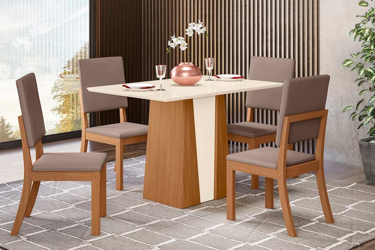 Sala de Jantar Completa Orus Tampo Madeirado c/ Vidro 120x80cm e 4 Cadeiras Milla - Henn
