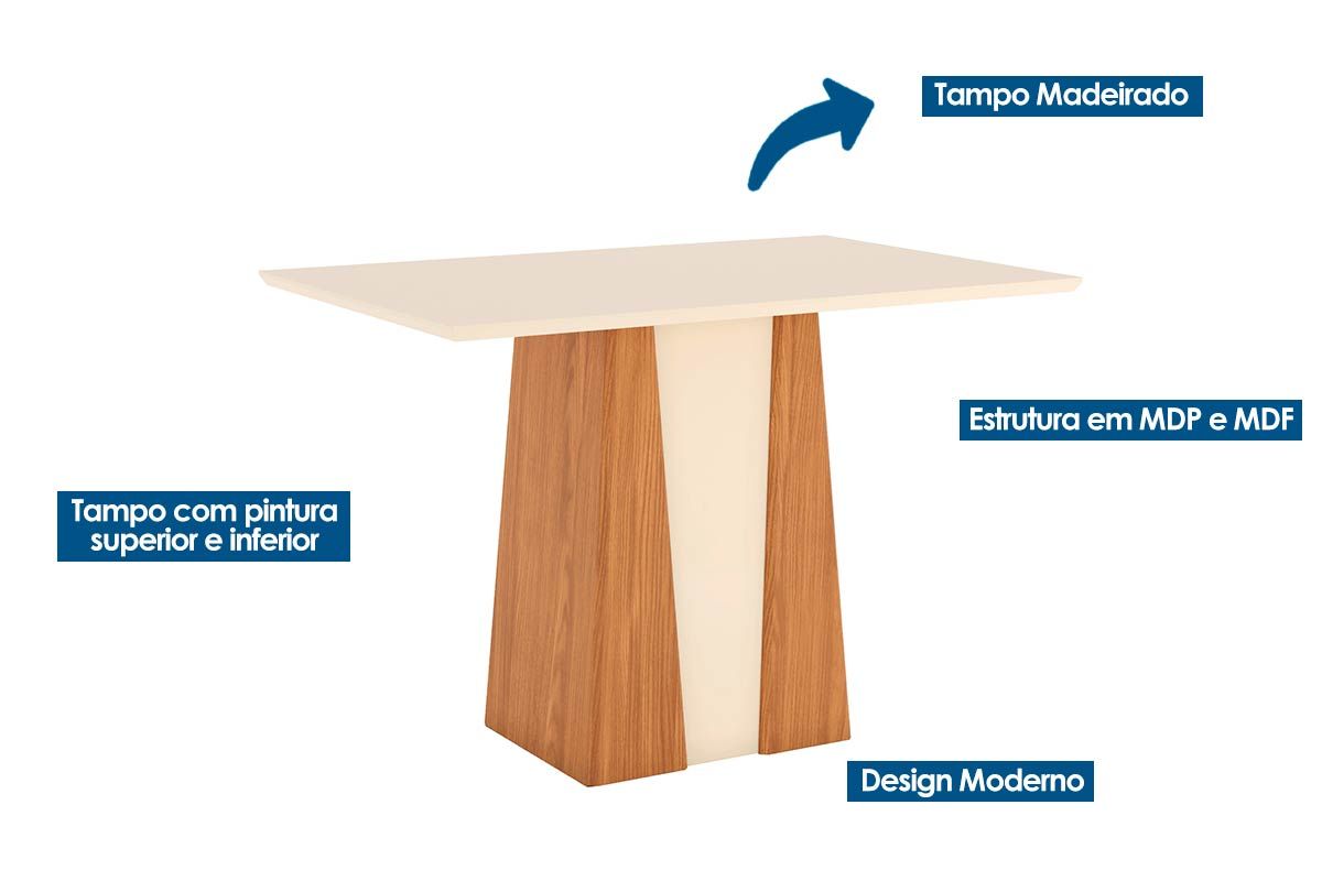 Sala de Jantar Completa Orus Tampo Madeirado c/ Vidro 120x80cm e 4 Cadeiras Milla - Henn