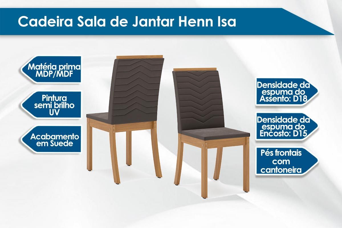 Sala de Jantar Completa Orus Tampo Madeirado c/ Vidro 120x80cm e 6 Cadeiras Isa - Henn