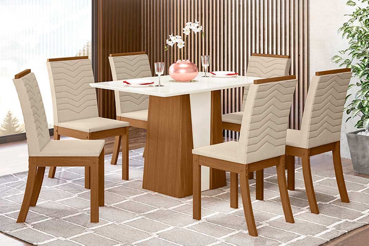 Sala de Jantar Completa Orus Tampo Madeirado c/ Vidro 120x80cm e 6 Cadeiras Isa - Henn