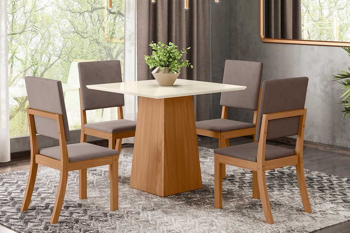 Sala de Jantar Completa Dora Tampo Madeirado 90cm e 4 Cadeiras Milla - Henn