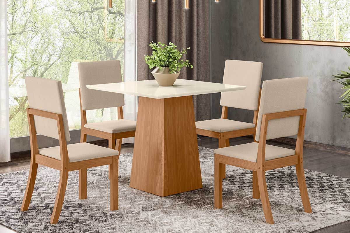 Sala de Jantar Completa Dora Tampo Madeirado 90cm e 4 Cadeiras Milla - Henn