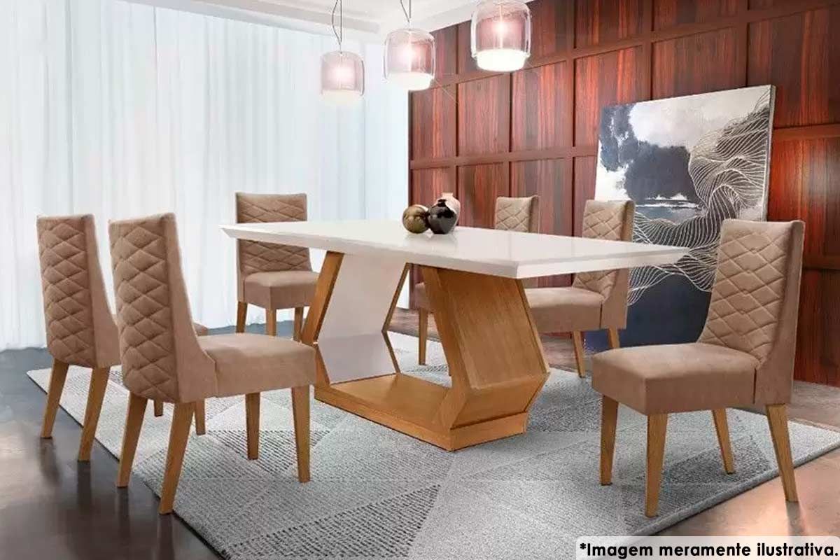 Sala de Jantar Completa Alvorada c/ Tampo Madeirado c/ Vidro 180x90cm e 6 Cadeiras Dafne - Rufato