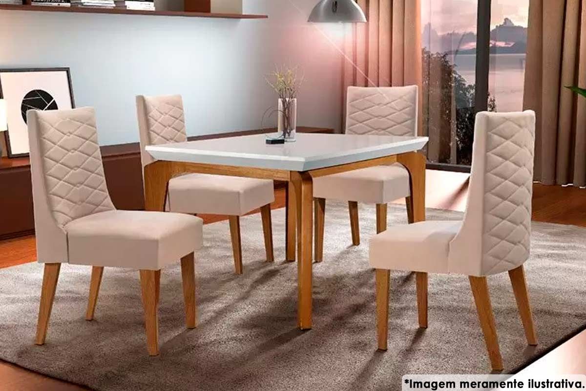Sala Jantar Mesa Londrina c/ Tampo Madeirado c/ Vidro 120x80cm e 4 Cadeiras Dafne - Rufato