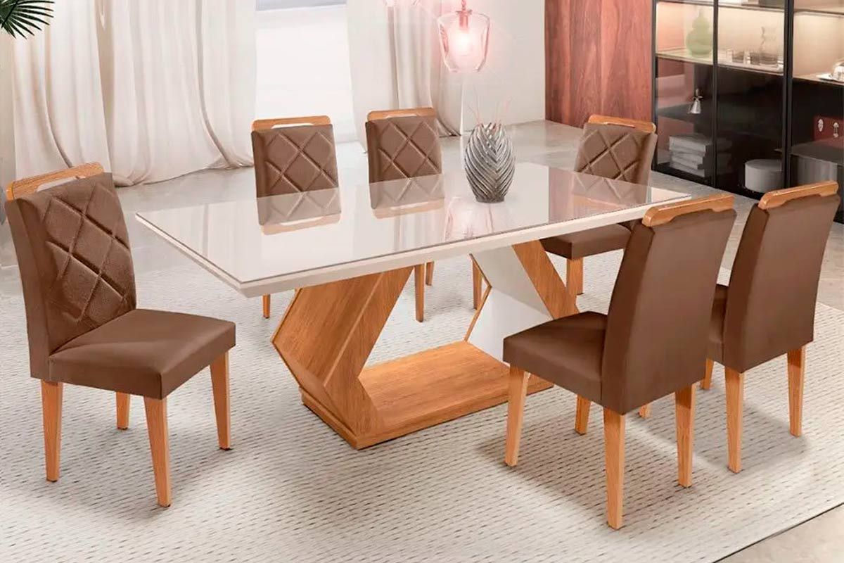 Sala Jantar Mesa Alvorada c/Tampo Madeirado c/Vidro 180x90cm e 6 Cadeiras Melissa - Rufato