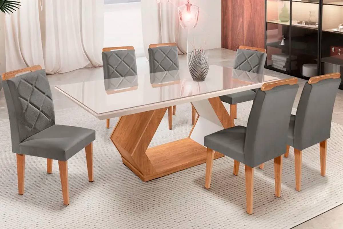 Sala Jantar Mesa Alvorada c/Tampo Madeirado c/Vidro 180x90cm e 6 Cadeiras Melissa - Rufato