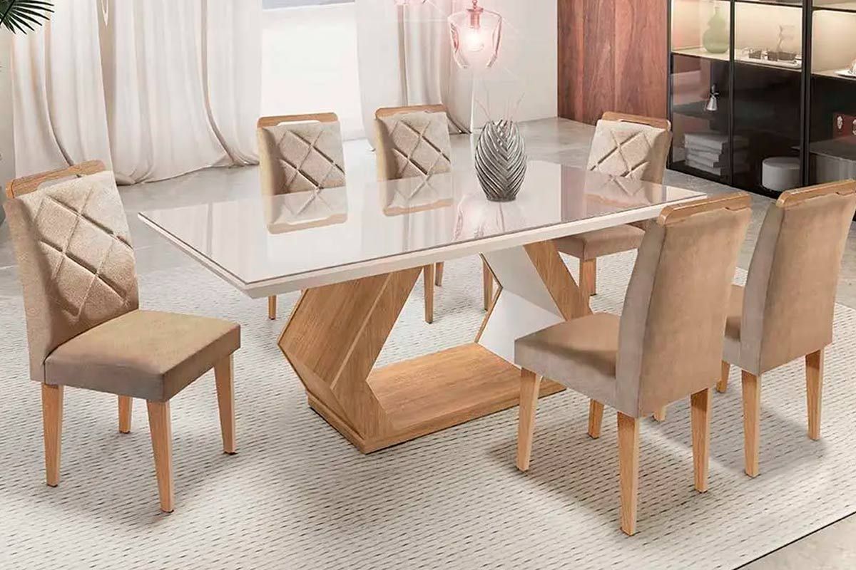 Sala Jantar Mesa Alvorada c/Tampo Madeirado c/Vidro 180x90cm e 6 Cadeiras Melissa - Rufato