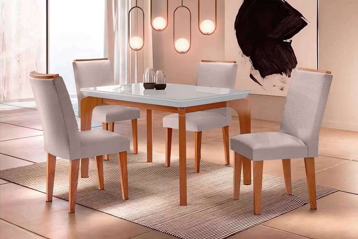 Sala Jantar Mesa Londrina c/ Tampo Madeirado c/ Vidro 120x80cm e 4 Cadeiras Lunara - Rufato