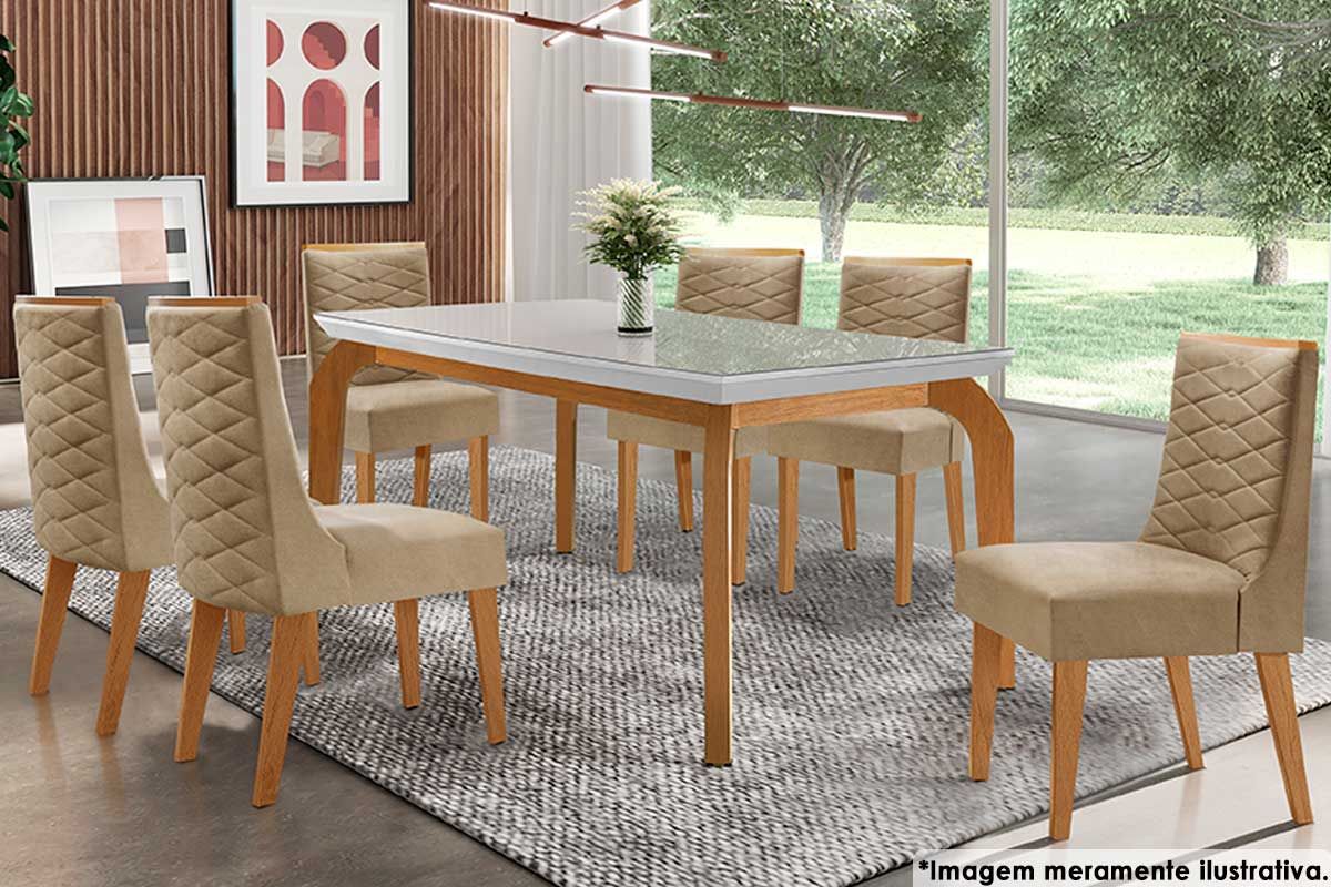 Sala Jantar Mesa Londrina c/ Tampo Madeirado c/ Vidro 180x90cm e 6 Cadeiras Dafne - Rufato