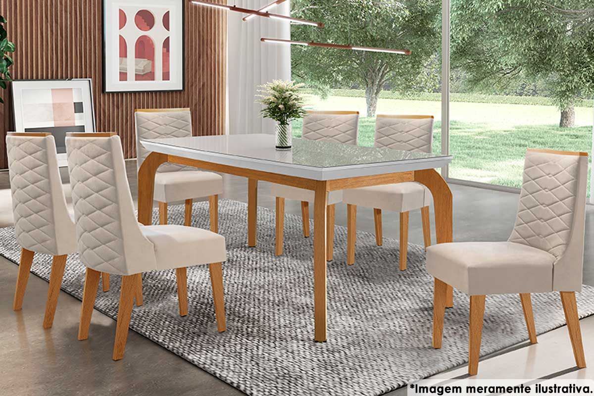 Sala Jantar Mesa Londrina c/ Tampo Madeirado c/ Vidro 180x90cm e 6 Cadeiras Dafne - Rufato