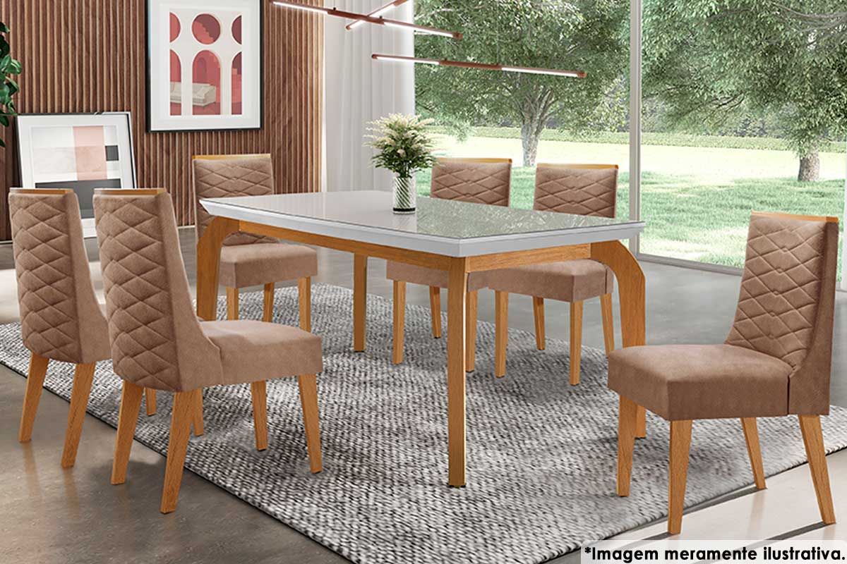 Sala Jantar Mesa Londrina c/ Tampo Madeirado c/ Vidro 180x90cm e 6 Cadeiras Dafne - Rufato