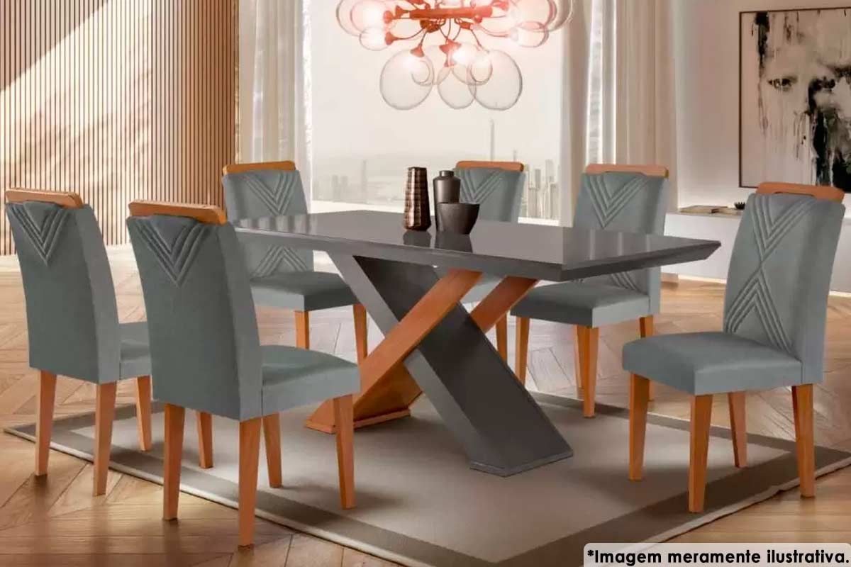 Sala de Jantar Completa Imperatriz c/ Tampo Madeirado c/ Vidro 180x90cm e 6 Cadeiras Amsterdã - Rufato