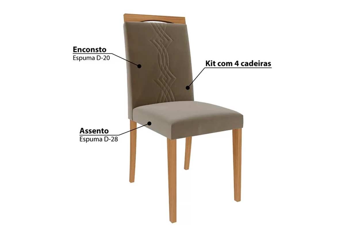 Sala Jantar Mesa Adele Madeira Maciça c/ Tampo Madeirado c/ Vidro 130x80cm e 4 Cadeiras Laura - Cimol